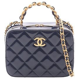 Chanel Blue CC Quilted Patent Vanity Case Blue Navy blue