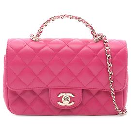 Chanel Mini Flap Retangular em Couro de Cordeiro Matelassado Rosa Rosa