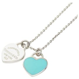 Collier pendentif chaîne à double cœur tag de retour à Blue Tiffany & Co. Argenté Bleu clair
