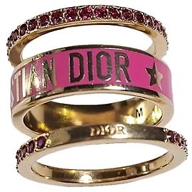 Set de 3 bagues Dior métal doré laque blanche cristaux Argenté Rose Doré