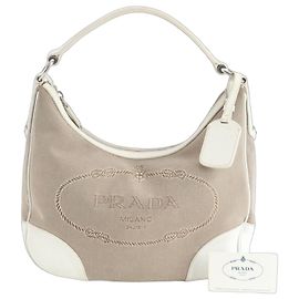 Bolsa de ombro hobo em couro jacquard com logo Prada Branco Bege
