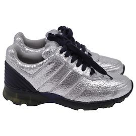 Chanel CC Crackled Accent Sneakers in Metallic Silver Calf Leather Silvery Metallic