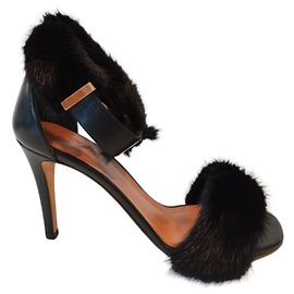 Céline Celine Black Leather and Mink Fur Heeled Sandals Black