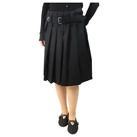 Prada Navy belted pleated wool midi skirt - size UK 12 Navy blue