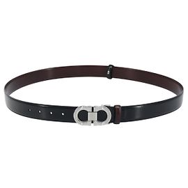 Salvatore Ferragamo Gancini Belt Leather 51.2"" Black Silver Auth BA11827A Black Silvery