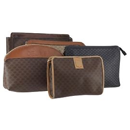 Céline CELINE Macadam Canvas Clutch Bag PVC Leather 5 Set Brown Navy beige Auth YKZ425 Brown Beige Navy blue