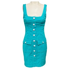 L'Agence Pool Blue / White Contrast Midy Button Front Tank Dress Blue