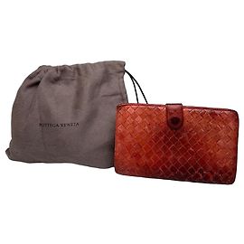 Vintage Bottega Veneta Inteecciato Leather Wallet Red Red