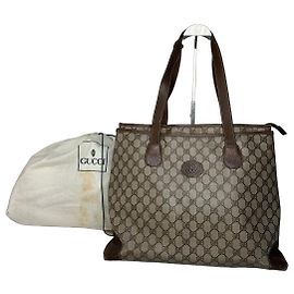 Vintage Gucci Monogram Leather Handbag Grey Brown Grey