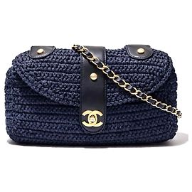 Borsa a Spalla Chanel Medium Classic in Paglia di Raffia Blu Navy Scuro GHW Nero Blu navy Blu scuro Gold hardware