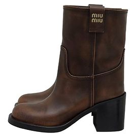 NWOB Miu Miu Women's Brown Leather Block Heel Boots sz.37.5 Pre-owned Other