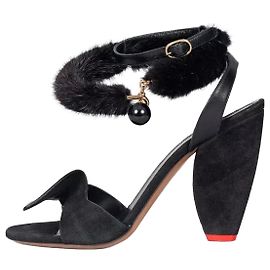 Céline Celine Black Leather Sandals Faux Fur Strap - Size 39 Pre-owned Other
