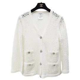 Chanel Weißer Häkelbaumwoll-Cardigan mit Knöpfen Größe 44 Gebraucht Andere