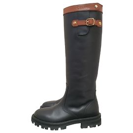 Céline Celine Margaret High Boots Black Leather Tabac Sz. 38.5 Pre-owned Other