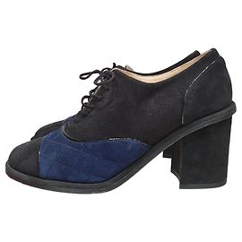 Chanel Blue Black Suede CC Block Heel Oxford Booties 38 Pre-owned Other