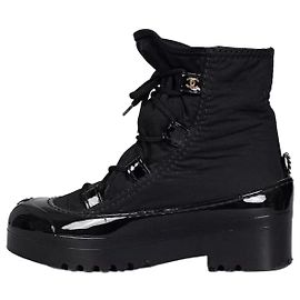 Chanel Black Lace-Up Textile Rubber Boots Size 38 pre-owned Other