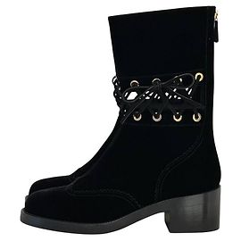 Chanel schwarze Samt-Spitzenstiefel bis zur Wade NWOB Größe 40.5 Gebraucht Andere