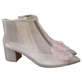 Bottines courtes Chanel en mesh rose et grosgrain avec fleur à bout cap, taille 38, d'occasion Autre
