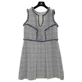 CHANEL White Blue Sleeveless Chevron Trim Shift Silver Tweed Dress  Sz.46 Pre-Owned Other
