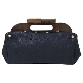 Fendi Black Leather Walnut Wood Handle Clutch Bag Pre-Owned Other