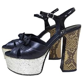 Yves Saint Laurent Saint Laurent Black Leather Python Heeled Platform Sandals Sz.36 Pre-Owned Other