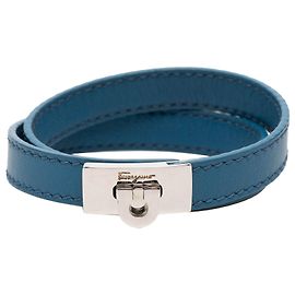 Salvatore Ferragamo Ferragamo Blue Leather Gancini Lock Double Wrap Bracelet Other