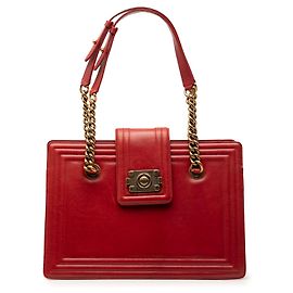 Chanel Vermelho Pequena Tote de Compras Boy Jetsetter em Couro de Bezerro Vermelho