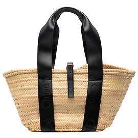 Chloé Beiger Mittlerer Raffia- und Glattleder Sense Basket Tote Beige