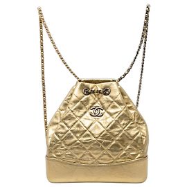 Chanel Gold Small Quilted Metallic Aged Calfskin Gabrielle Backpack Golden