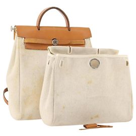 Hermès HERMES Mochila Herbag Ad PM Lona Couro 2em1 Bege Prata Auth 172481 Prata Bege