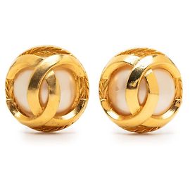 Orecchini rotondi in perle vintage Chanel Coco Mark D'oro
