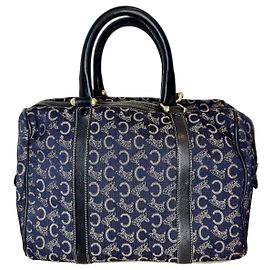 Céline Celine Boston Bag in Navy Monogram Canvas and Black Leather Black Blue