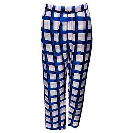 Pantalon en satin imprimé bleu / lavande à taille élastique Dries Van Noten x Len Lye Multicolore