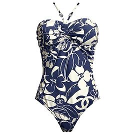 Costume da bagno intero tagliato Chanel 2021 Coco Beach blu navy scuro e bianco FR 40 Bianco Blu Blu navy