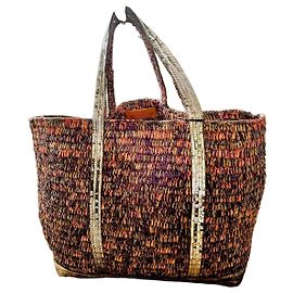 Vanessa Bruno Multicolored Raffia Basket with Sequin Edges Pink Purple Straw Silver hardware
