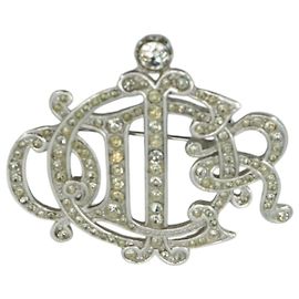 Dior Christian Vintage Silver Metal Crystals Monogram Brooch Silvery