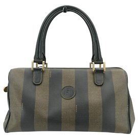 Fendi Borsa Boston in tela a righe Pequin vintage nera Nero