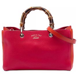 Bolsa shopper média em couro de bezerro vermelho com bambu Gucci Vermelho