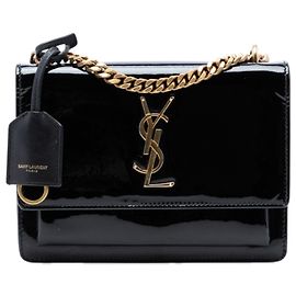 Borsa a tracolla Saint Laurent Monogram Sunset in vernice nera piccola Nero