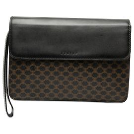 Céline Celine Brown Macadam Coated Canvas and Leather Clutch Brown
