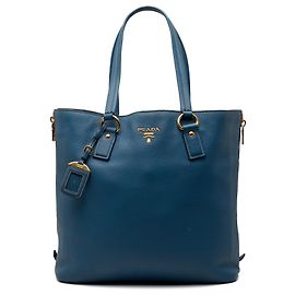 Prada Blue Vitello Daino Side Zip Shopper Tote Blue