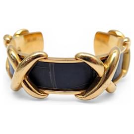 Hermès VINTAGE HERMES CROISILLONS BRACELET GOLD PLATED & POROSUS CROCODILE LEATHER BANGLE Golden