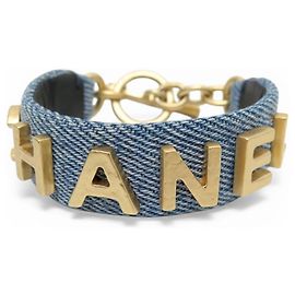 BRACELET CHANEL LOGO AB3354 METAL DORE & DENIM BLEU 15.5CM BLUE JEAN BANGLE Bleu