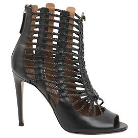 Aquazzura Cage Braided Open Toe Ankle Boots Black Leather Black
