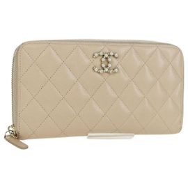 CHANEL Cartera Larga de Piel de Cordero Beige Oro CC Auth 167178SAM Beige Dorado