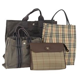 Burberrys Hermes Nova Check Handtasche aus Nylon-Leinwand 4 Set Beige Grau Auth BAZ311 Braun Beige