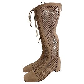 Dior Beige Suede Mesh Lace-Up Knee-High Boots Beige