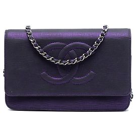 Chanel CC Metallic Crackling Lizard Printed Cuir Wallet on Chain Purple