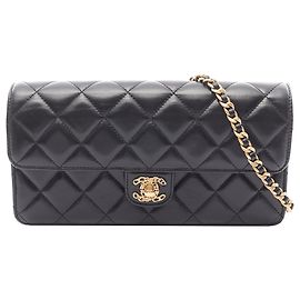 Chanel CC Matelassé Couro de Cordeiro Leste-Oeste Simples Fecho Preto