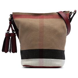 Burberry Mini Mega Check Toile Ashby Pompon Eimer Tasche Braun